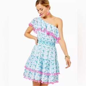 Lilly Pulitzer Addilyn One Shoulder Dress Blue Tropical Swirl Eyelet Size XL 16